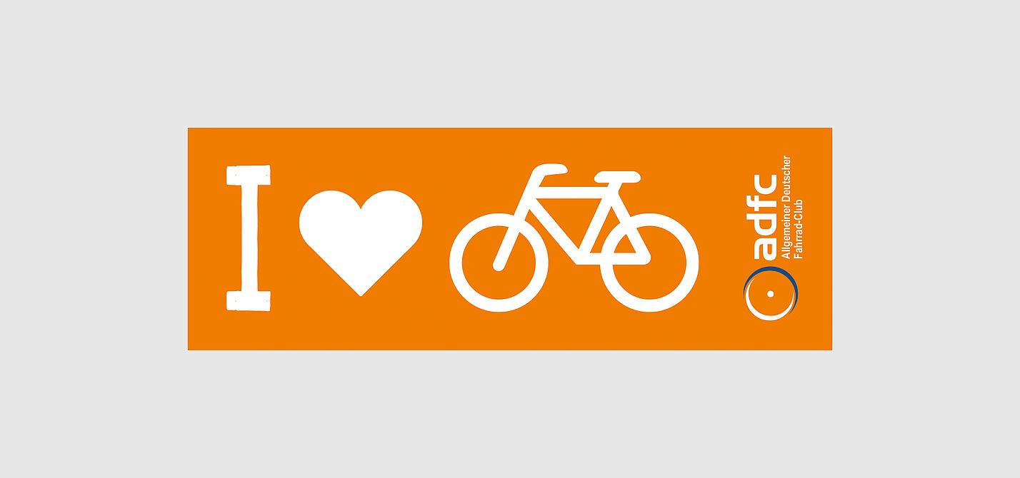 Aufkleber_i_love_fahrrad_rechteckig_42100 Aufkleber orange, lang für die Fahrradstange, mit weißer Schrift und Symbolen, großes i, Herz, Fahrrad, sowie das ADFC-Logo